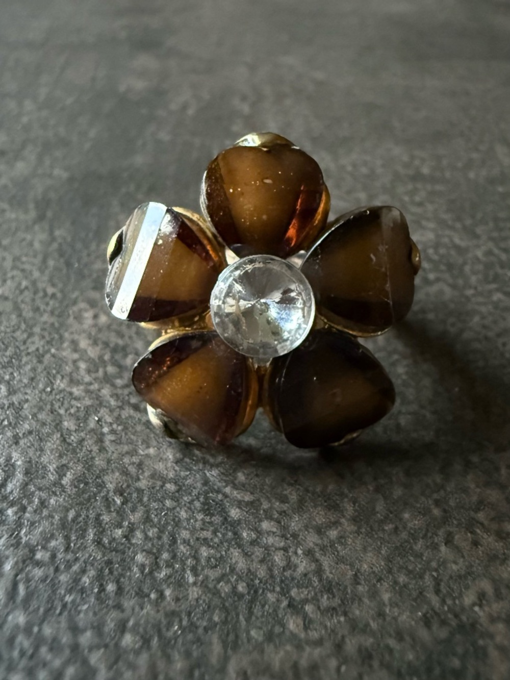 Large Brown Rhinestone Flower Cocktail Ring